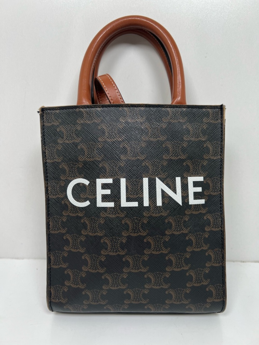 Celine Mini Vertical Cabas Triomphe Canvas Brown Tan Tote Crossbody Bag Italy